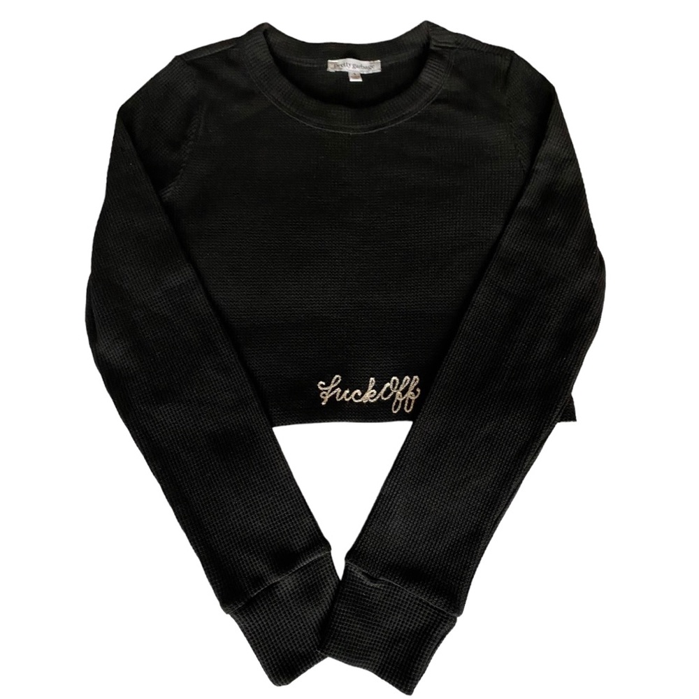 NWT black cropped thermal, chain-stitched “f*** off” by @thestonework, sz S